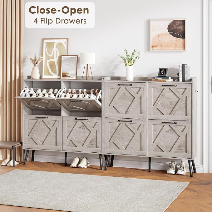 Shoe Cabinet with 4 Flip Drawers, Freestanding Shoe Organizer Cabinet, Farmhouse Narrow Shoe Storage Cabinet for Entryway, Foyer, Hallway