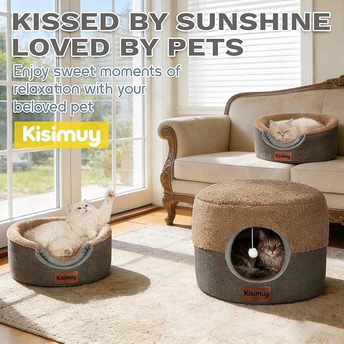 2-in-1 Cat Bed Cave, Cozy Covered Cat Beds for Indoor Cats,Pet Bed | 19.7"D x 15"H, Cave To Bed In Seconds, Pet Hideaway for Kittens & Small Dogs, Hanging Cat Toys, Machine Washable Puppy Bed