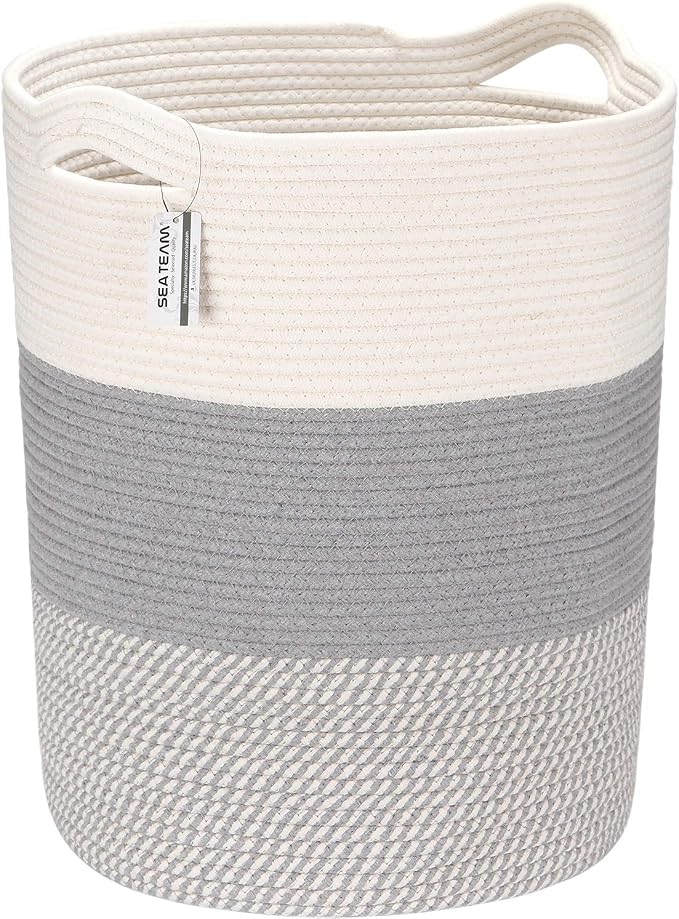 Sea Team Large Woven Cotton Rope Laundry Basket with Handles, 20 x 14 in | Collapsible Knitted Hamper, Closet Shelf Organizers, Containers for Clothing, Blankets, Toys, Bedding, Mottled Gray