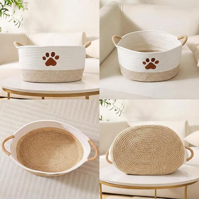 Dog Woven Toy Basket 14.6 x 10.6 x 8.7 Inch Woof Pet Baskets Storage Bin Box with Durable Handles, Woven Pet Basket Puppy Bins for Organizing Toys Dog Blankets and Accessories(Paw)