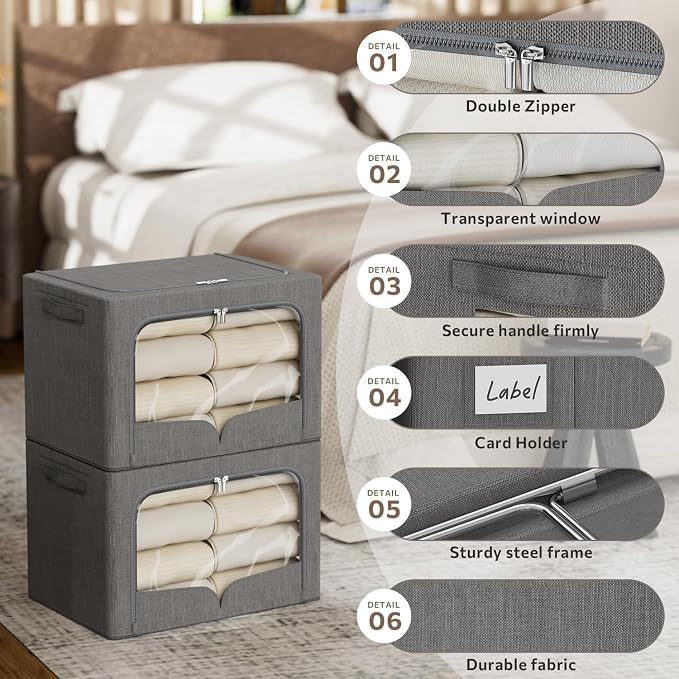 FHSQX 3 Pack Extra Large Clothes Storage Bins Foldable Metal Frame Storage Box Stackable Linen Fabric Organizer Set with Carrying Handles and Clear Window (Dark Gray, 23.6x16.5x15.7inch(100L))