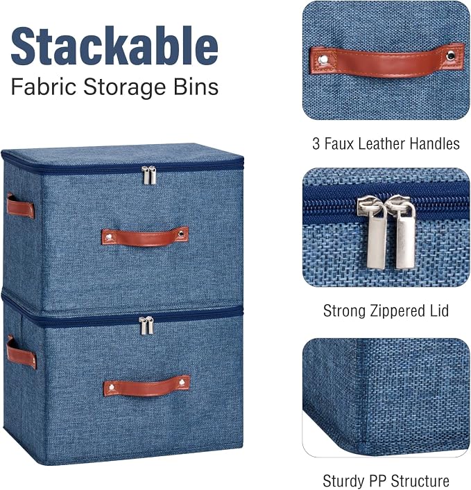 3PCS Storage Bins Boxes with Zippered Lid Decorative Baskets | Cotton Linen Fabric, Washable, Foldable, Stackable, Closet Shelf Organizer, with PU Leather Handles, Denim Blue-Large