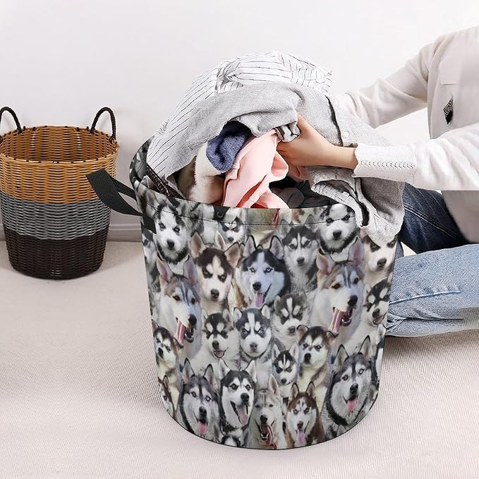 Cute Husky Dog Print Laundry Basket Foldable With Handles, Funny Husky Dog Tote Bag, Oxford Cloth Husky Dog Laundry Hamper Clothes Storage Bucket For Bathroom Laundry Bedroom