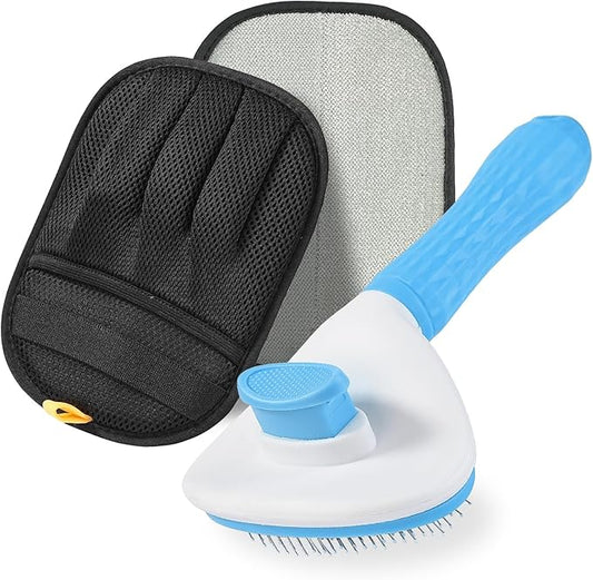 Pet Hair Removal Glove & Brush Set – Self-Cleaning Slicker Deshedding Brush and Reusable Hair Removal Glove for Dogs, and Cats, Gentle Grooming Tool for Long & Short Haired Pets
