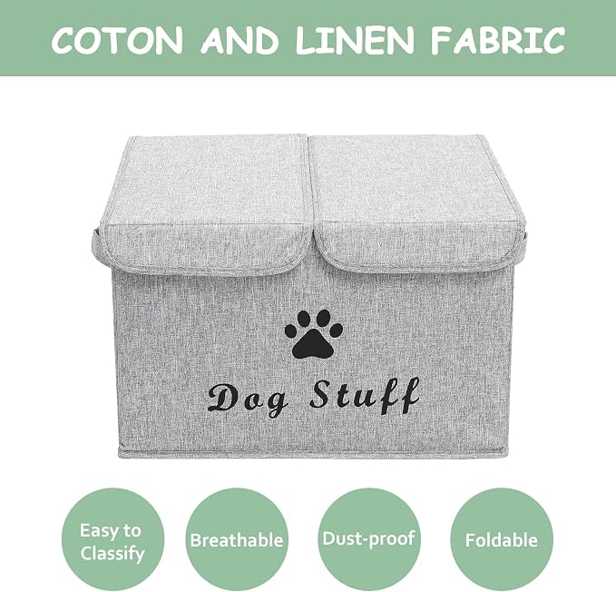 Large Storage Boxes - Large Linen Fabric Foldable Storage Cubes Bin Box Containers with Lid and Handles for Dog Apparel & Accessories, Dog Toys(Snow Grey)