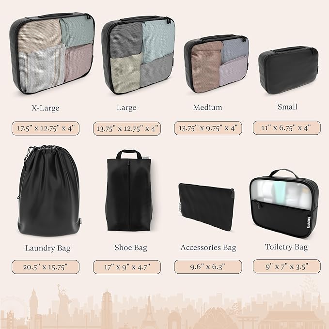 Shacke 8 Set Packing Cubes for Travel, Shoe & Toiletry Bags (Air Black) | Complete Suitcase Organizer Bags Set: 4 Luggage Packing Cubes + Laundry, Shoe, Toiletry & Accessories Bags for Any Trip