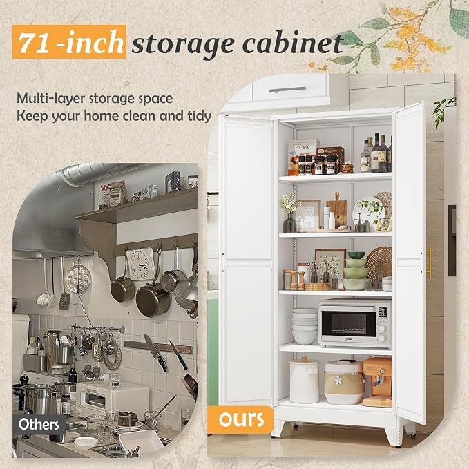 White Pantry Storage Cabinet, 71" Metal Kitchen Pantry Storage | Steel Storage Cabinets with Doors and 4 Adjustable Shelves, Metal Storage Cabinet, for Office, Home, Garage, School