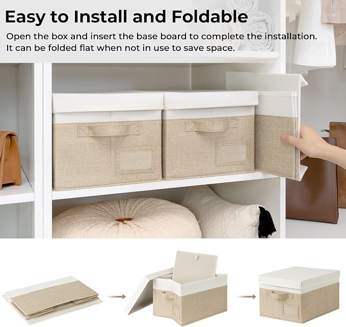 GRANNY SAYS Storage Bins with Lids, Decorative Storage Boxes with Lids | Storage Box with Dust Cover, Handles & Lable, Collapsible, Ideal for Closet Clothes Blanket Toys, Medium, White&khaki, 3-Pack