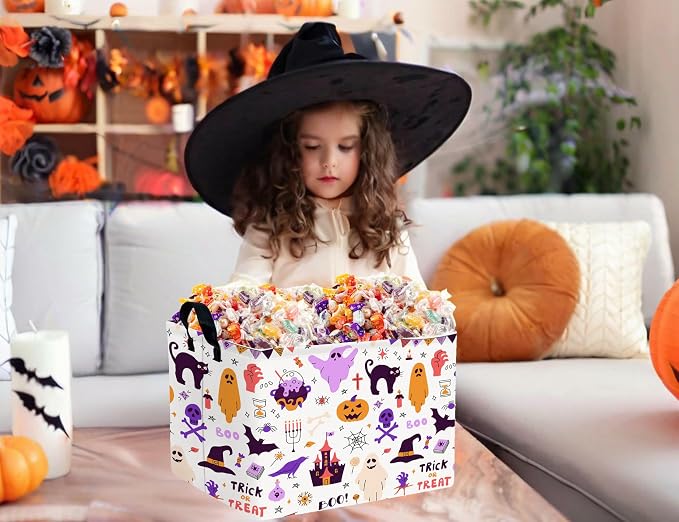 Large Halloween Themed Candy Gift Boo Basket for Kids Baby Personalized Adults Storage Bin Fall Decor(Purple Skull Castle Cat Spooky)