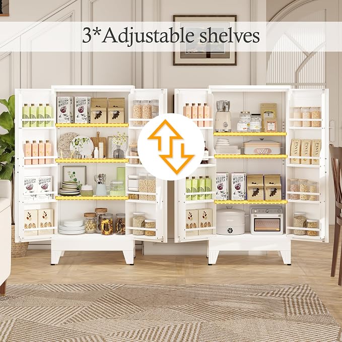 Black Kitchen Pantry Storage Cabinet, 48" Metal Storage Cabinet | Steel Storage with Doors and 3 Adjustable Shelves, Metal Freestanding Buffet Cupboards Sideboard, for Office, Home, School