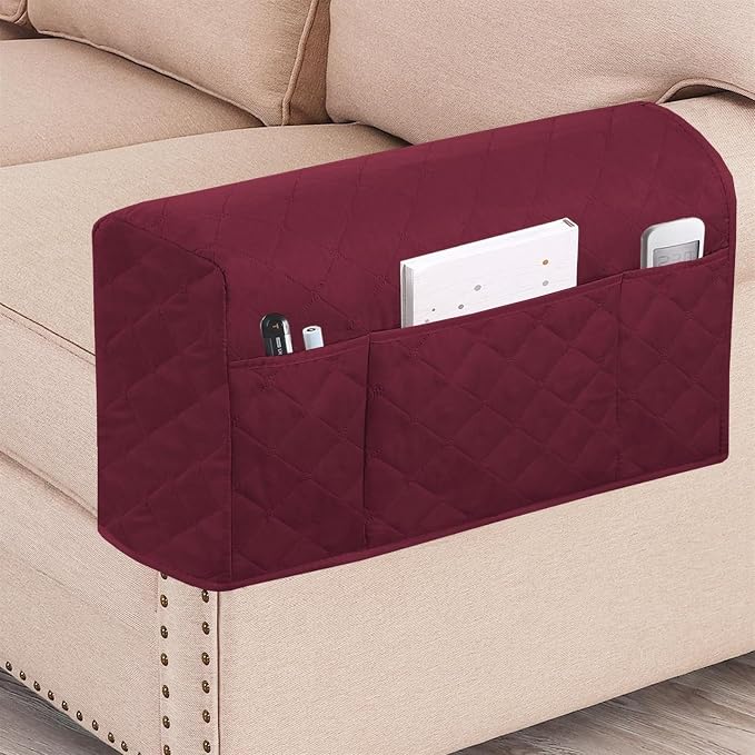 2 Pcs Waterproof Couch Arm Covers Dirty-Resistant Anti-Scratch Arm Rest Covers for Sofa with Side Pocket Anti-Slip Arm Chair Covers, Armrest Organizer(Burgundy)