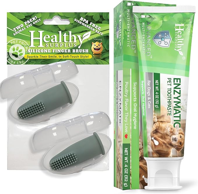 Enzymatic 4 Oz Poultry Flavored Pet Toothpaste Compare to Virbac CET and Silicone Fingerbrush Twin Pack | Fresh Breath, Plaque & Tartar Control | Dog & Cat Tooth Brushing Kit Oral Care for Pets
