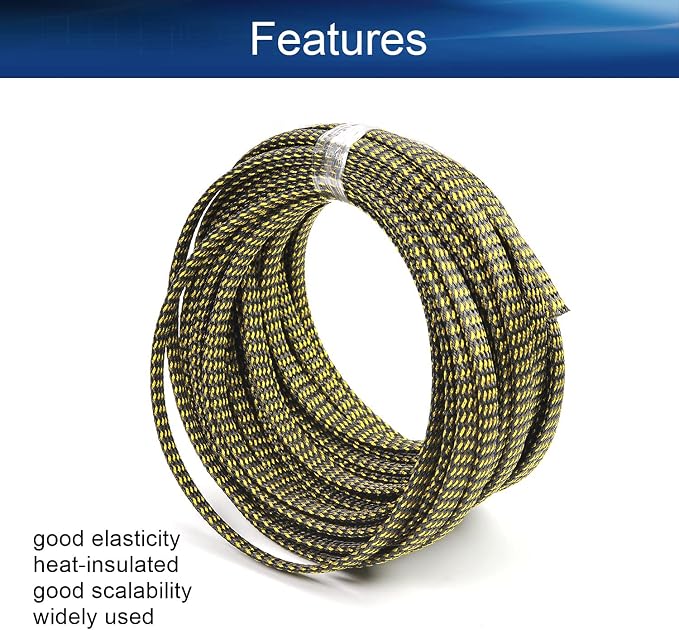 Heyiarbeit 10m/32.8ft PET Expandable Braided Sleeving 1/4-inch Width Flexible Wire Mesh Sleeve for USB Cable Power Cord Audio Video Cable - Protect Cat from Chewing Cords - Black Gold