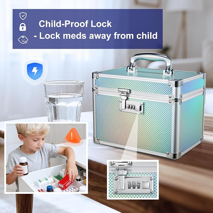 Lockable Medicine Storage Box - Turquoise Cabinet Med Lock Organizer, 10 x 7 x 7.9 Inches Safe Med Case with Lock for Home, Dorm, Office, or Travel