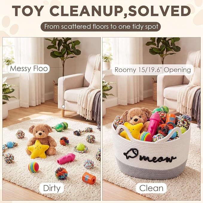 Cat Toy Basket with Cat Ear Handles, 19.5 x 11 x 9 in Woven Cats Toy Bin, Large Two-tone Cotton Rope Storage Box, Meow Words Organizer for Toys, Blankets, Home Decor (White, Gray)