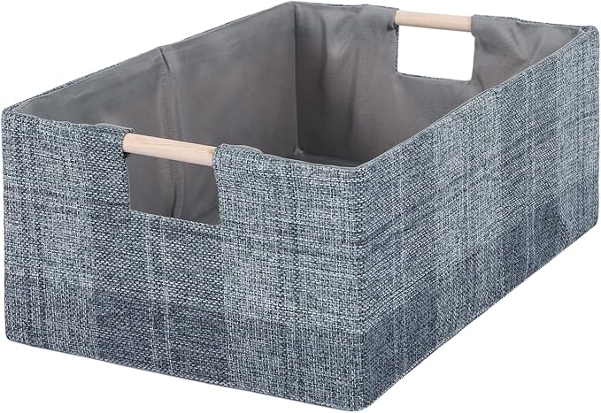 Fabric Storage Box, 13x9in Foldable Cotton Linen Basket with Wooden Handle | Small Rectangular Cube Decorative Home Laundry Organizer Clothes Blanket Container Organizing Clothes Sheet, Dark Gray Plaid