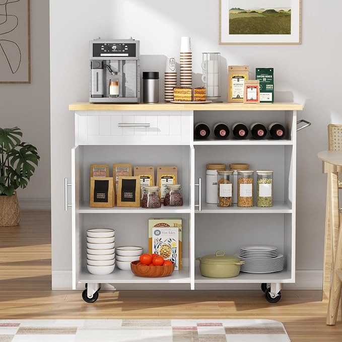 JY QAQA 42" Kitchen Island on Wheels with Storage Cabinet Kitchen Cart Cabinet with Shelves, Cart Handle for Towel Rack or Free Mobility, Portable Islands for Kitchen