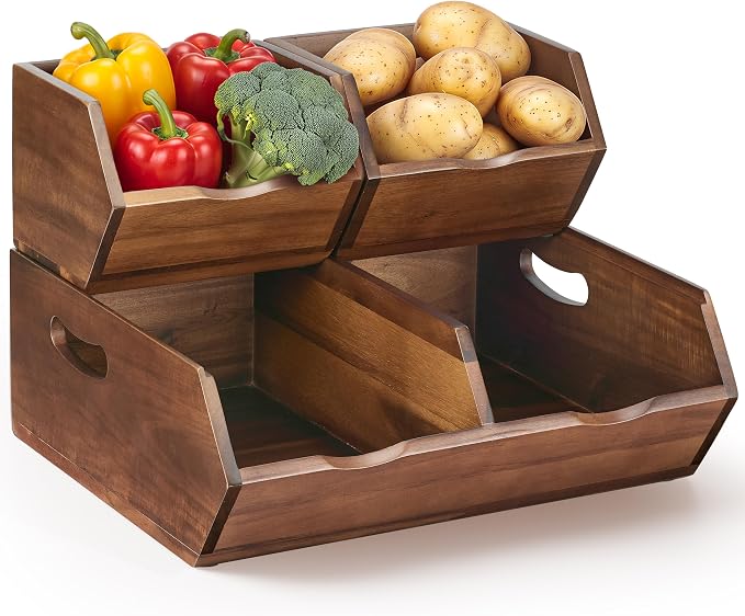 Tidita Acacia Wood Potato & Onion Storage Bin, Stackable (Patent Pending) | Walnut Finish, Solid Acacia Wood, No Assembly, 3 Stackable Bins, Integrated Handles, 50LBS Capacity, Non-Skid Pads, Multi-Use