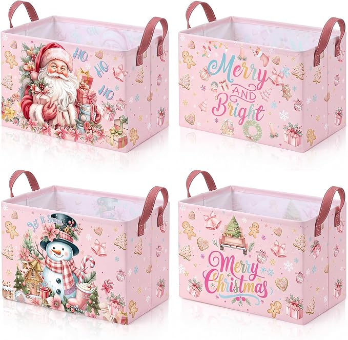 4 Pack Pink Christmas Storage Basket Collapsible Large Merry Christmas Santa Claus Storage Bins for Gifts Canvas Laundry Basket Foldable Box with Handle for Office Home Bedroom Clothes Toys