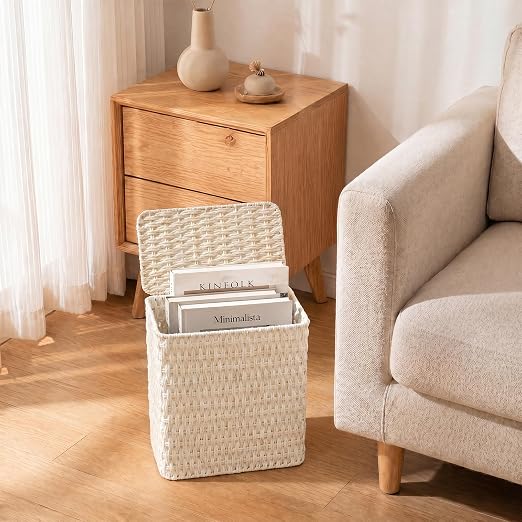 Wicker Trash Can,3 Gallon Bathroom Trash Can with Lid,Handwoven Paper Rope Rattan Waste Basket with Removable Liner and Built-in Handles for Bedroom,Toilet,Narrow Spaces,White