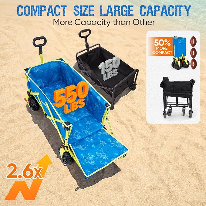 Old Bahama Bay 300lbs Extra Long 49" L Beach Wagon with Big Wheels with Brake for Sand, Collapsible Utility Beach Cart Heavy Duty Folding Wagon,Ideal for Outdoor Sand Camping Garden Pet