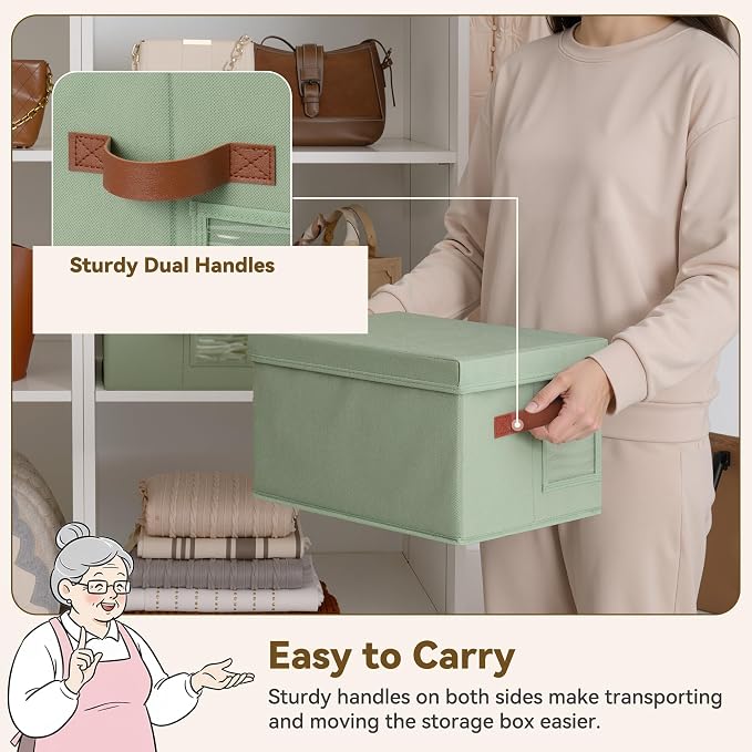 GRANNY SAYS Storage Bins with Lids, Decorative Storage Boxes with Lids | Storage Box with Dust Cover, Handles & Lable, Collapsible, Ideal for Closet Clothes Blanket Toys, Medium, Green&Brown, 3-Pack