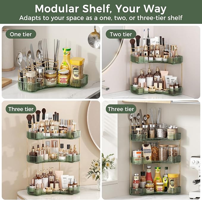 BEFSOP Corner Bathroom Counter Organizer, Upgraded 3-Tier Makeup Organizer Countertop with Makeup Brush Holder, Skincare Exquisite Vanity Organizers Countertop Bathroom Storage Dresser(Green)