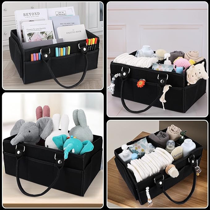 XUANGUO Large Baby Diaper Caddy Organizer, Felt Basket with Handles, Black | Nursery storage bin with dividers; portable tote bag for baby stuff, changing table or car, baby shower and registry gifts.