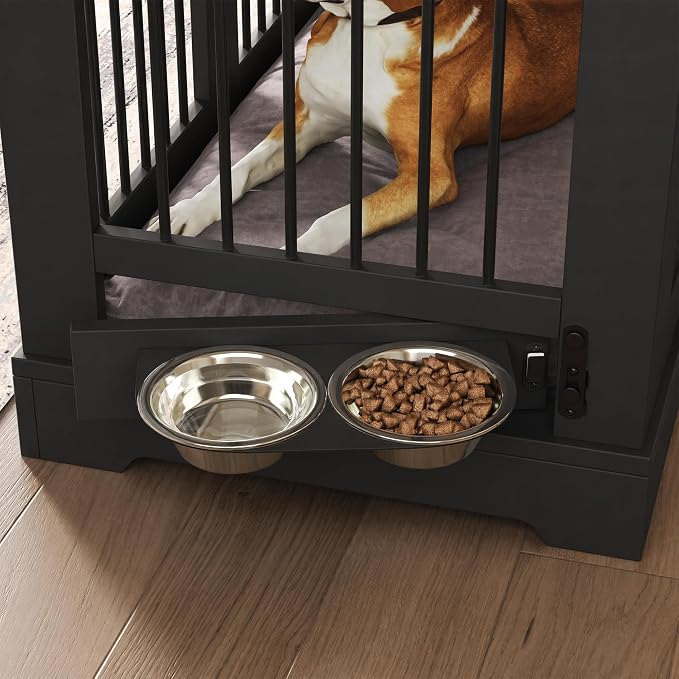 Merax 43.3" Farmhouse Dog Crate Furniture with Rotating Bowls & Drawers – Wooden Indoor Pet Kennel Side Table with Metal Bars – Stylish Dog House for Medium to Large Breeds, Black & Brown