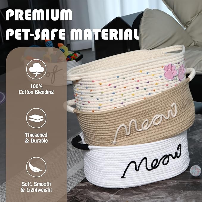 Sea Team Cat Toy Storage Basket with Handles, Beige Meow | Large Cotton Rope Storage Bin, Shelf Basket, Organizer for Pet Chew Toys, Foods, 16.5 x 11 x 7 Inches, 4.4 Gallons