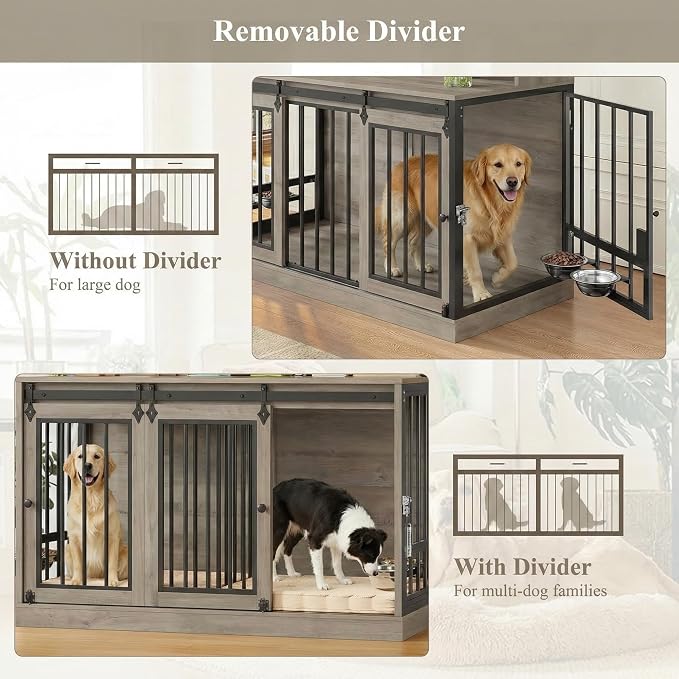 HOSTACK 71" Tall Dog Crate Furniture, Indoor Dog Kennel with Storage, Grey | Removable Room Divider, 4 feeding bowls, Adjustable Shelves, Metal Lock & Spring Latch, Farmhouse Pet House for XL/XXL Dogs