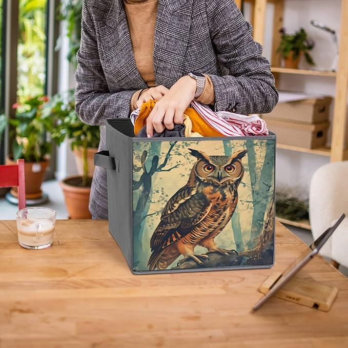 An Owl, A Quiet Forest Foldable Storage Bins, 10.6" Cube Storage Organizer, Sturdy Oxford Cloth Fabric Baskets for Closet, Shelf, Nursery, Bedroom, Decorative Printed Box for Toys & Clothes