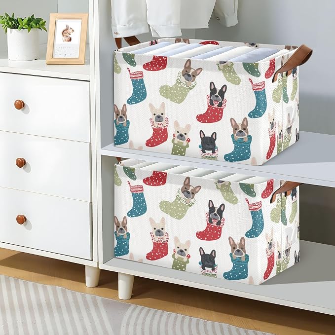 Cute Christmas French Bulldogs Storage Basket Foldable Cube Storage Bins with Handles&Label Waterproof Collapsible Organizer Box Bin Large Rectangle Decorative Baskets for Shelves Home Room Laundry