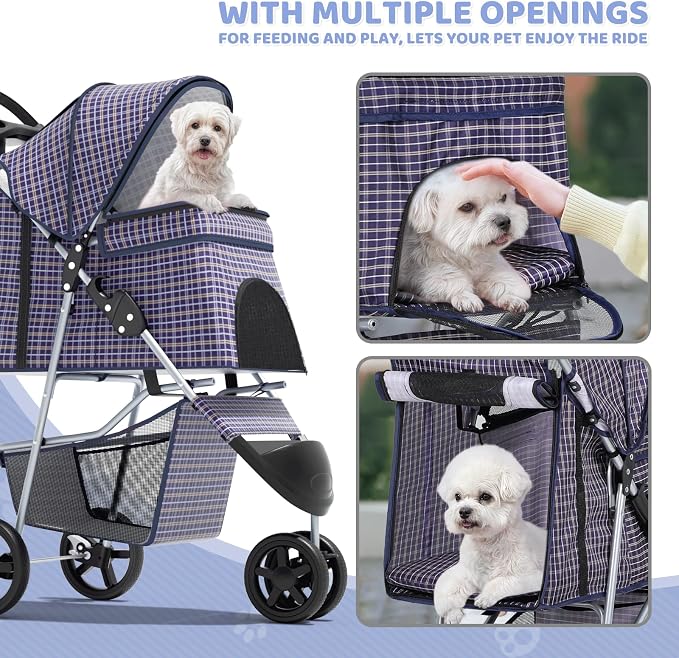 Magshion 3-Wheel Pet Stroller for Small/Medium Dogs & Cats, Up to 33lbs | Foldable Travel Jogger w/ Breathable Mesh Cover, Lightweight Design, Safety Tethers, Cup Holder & Storage Basket