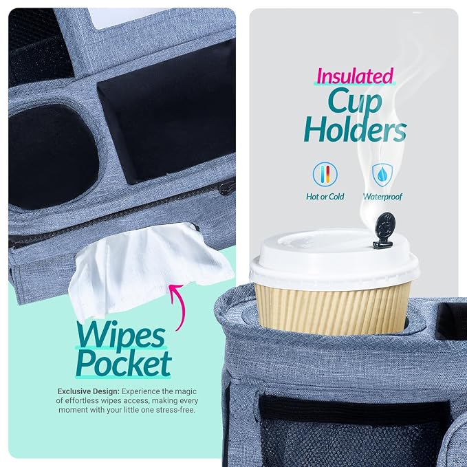 Swanoo Stroller Caddy Organizer, Cup Holder, Wipes Pocket, Non-Slip, Blue