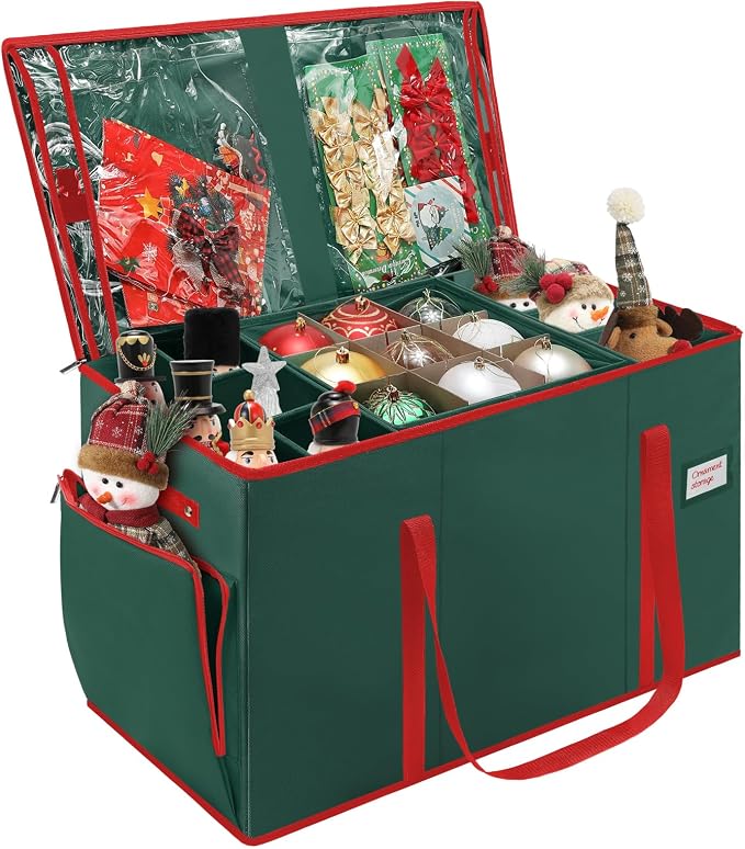 2-in-1 Christmas Ornament Storage Box Keeps 64-3"/36-4" Holiday Ornaments | Xmas Figurine Organizer Container,4 Separate Trays , Adjustable Extent Area for Figurines and Pockets for Holiday Décor