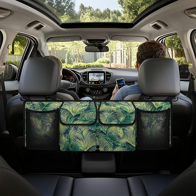 Dreaweet Trunk Organizer for Car Women Green Palm Leaf Print Trunk Organizers for SUV with 4 Pockets Collapsible Trunk Storage Organizer Backseat Hanging Car Organizer for Sedan Truck Van