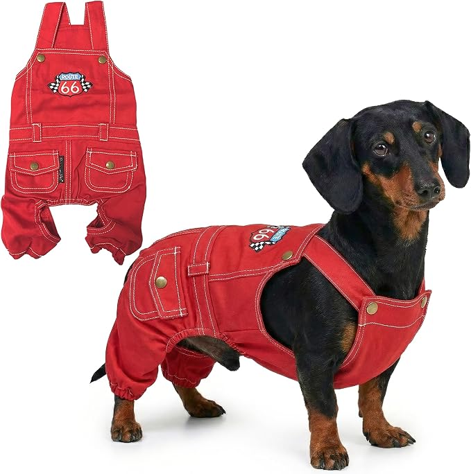 Parisian Pet Red Dog Overalls - Route 66 Denim Dog Clothes - Breathable Sling Puppy Jumpsuit - Durable and Trendy Overalls for Dogs - Comfortable Jeans Dog Clothes for Large Dogs - Classy Pet Apparel