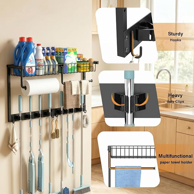 Broom Holder Wall Mount with Paper Towel Holder& Removable Anti-fall Basket | Broom and Mop Organizer Wall Mount Cleaning Supplies Organizer for Laundry Room, Apartment, Utility Room