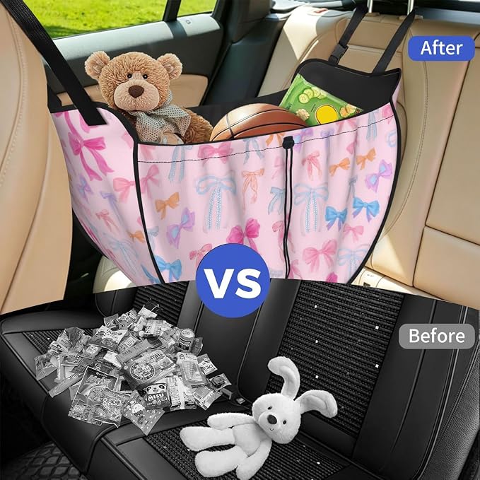Pastel Bow Car Seat Organizer Backseat Storage Bag, Large Waterproof Vehicle Organizer With Adjustable Straps For Gear Essentials, Fits Most Cars