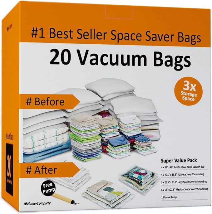 20 Vacuum Sealer Bags – Compression Bags for Travel, Clothes, and Blanket Storage – Airtight Space Saver Pouches in 4 Sizes and Pump by Home-Complete