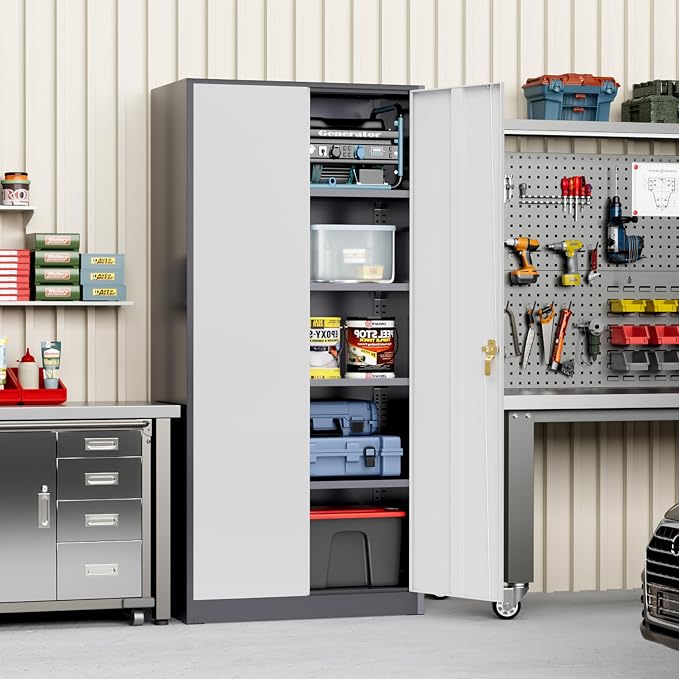 Greenvelly Metal Storage Cabinet with Doors and Shelves, 72" Inch Locking Metal Cabinet,Garage Storage Cabinet for Garage Office School Warehouse (White Gray)