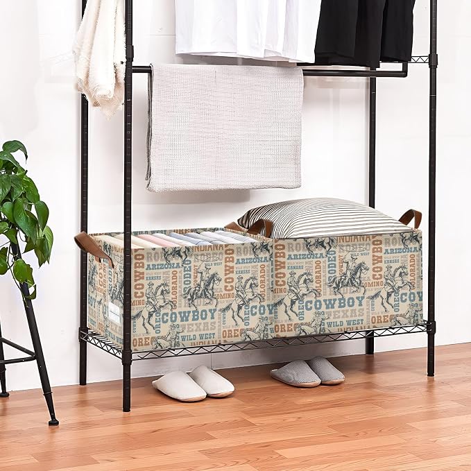 Western Cowboy Horses Retro Vintage 70s 80s Storage Bins for Shelves with Labels&Handles Fabric Organizer Bin Foldable Rectangle Storage Basket Boxes for Closet, Bathroom, Home, Living Room