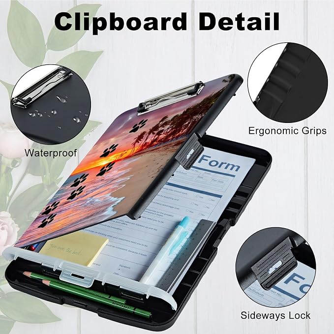 A4 Clipboard with Storage Pen Holder, Clipboards Organizer Nursing Clipboard Foldable File Folder Plastic Clipboard Folio Clip Board for Office Students Classroom Doctor, Dog Paw Print Beach