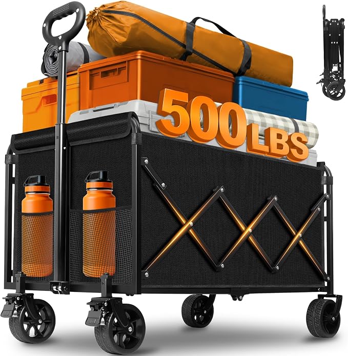 Wagons Carts Foldable, 500 lb 220L Collapsible Wagon with Brakes | Heavy folding wagon for groceries, camping, beach, outdoor hauling; large storage, brake control and compact folding design
