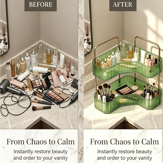 2-Tier Corner Bathroom Organizer, Skincare Vanity Counter Shelf Green | Premium PET Perfume Display Stand with Gold Metal Rods, Space-Saving 90 Degree Storage Rack for Dresser