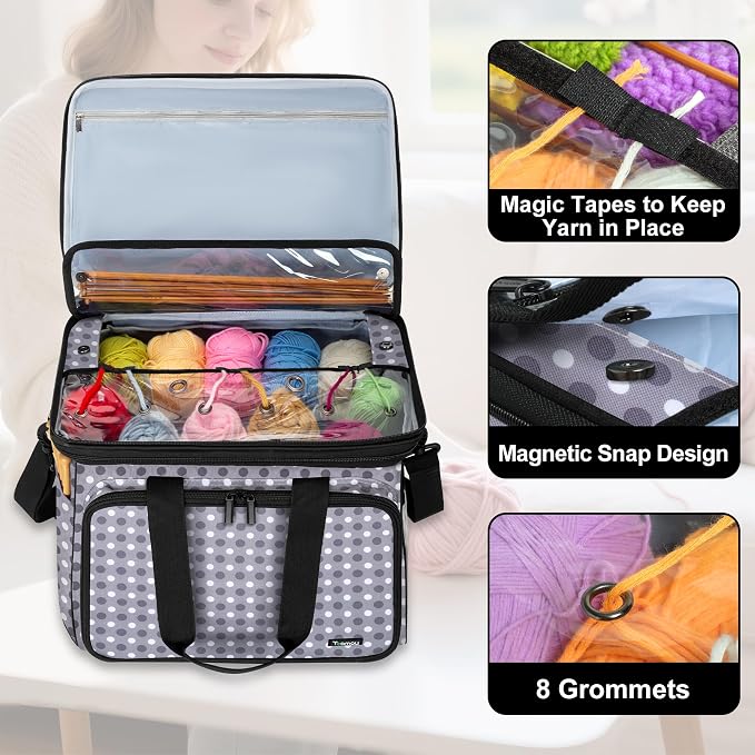 Teamoy Crochet Bag Knitting Bag Yarn Storage Tote, Yarn Organizer, Gray Dot | Yarn Holder for Crocheting, with Inner Divider and Cover, for Yarn Skeins, Project, Knitting Needles, and Crochet Supplies