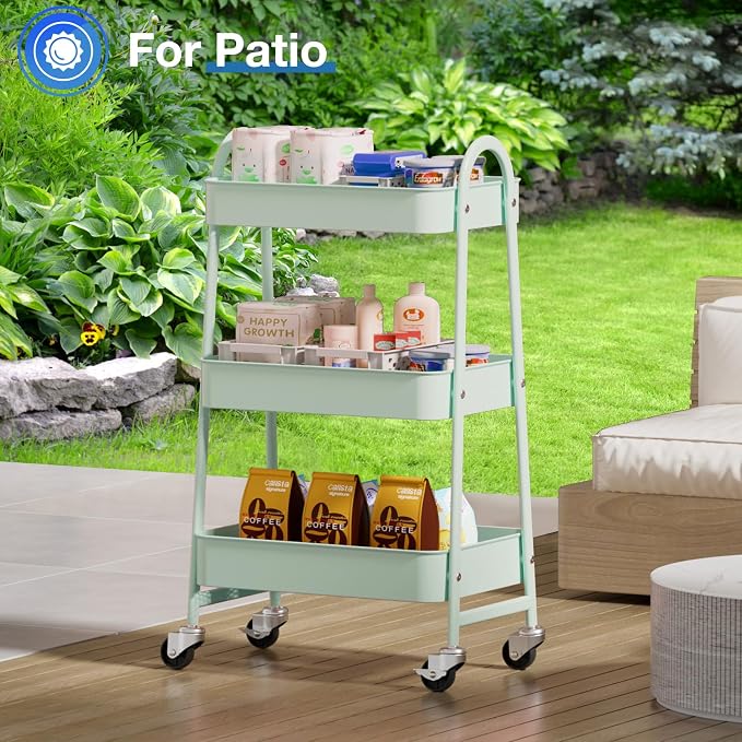 OLIXIS Metal Rolling Storage Utility Cart with Lockable Wheels 3 Tiers | Mobile Organizer Shelf, Space-Saving, Freestanding, Bathroom, Living Room, Slim, Narrow Corner Spaces, Green