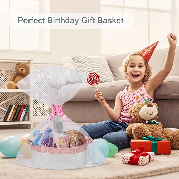 COMSE Small Gift Basket Empty with Bag & Ribbons, Dusty Pink & White | Cotton Rope, 12"x 8"x 5", Pet Toy Storage Organizer, Woven Basket for Birthdays, Baby Showers, Mother’s Day, Valentine’s Day