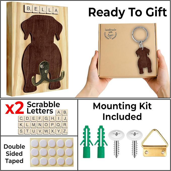 Labrador Retriever Dog Leash Holder Wall Mount with Scrabble Letters, Wooden Dog Wall Hook Organizer, Pet Collar and Harness Holder Entryway, Key Hook & Leash Rack, Home Decor for Pet Lovers PF297-48